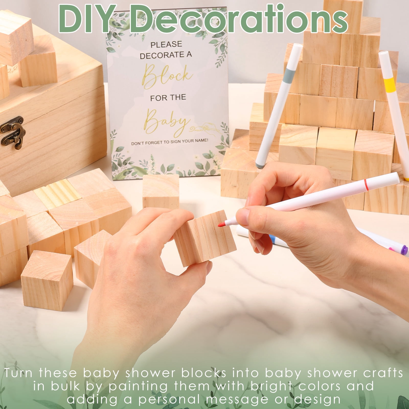 Toorise Baby Shower Games Sign Kit Unique Baby Shower Blocks to Decorate Game Kit with 52 Blocks 24 Markers 1 Sign and Wood Box for Boy and Girl Party