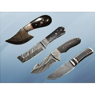 4 Pieces Damascus Steel Skinning Knives Set. Overall 35 inches Long Damascus Steel Blade Knives. Natural Bull Horn Scale, Each Knife Comes with Cow Hide Leather Sheath