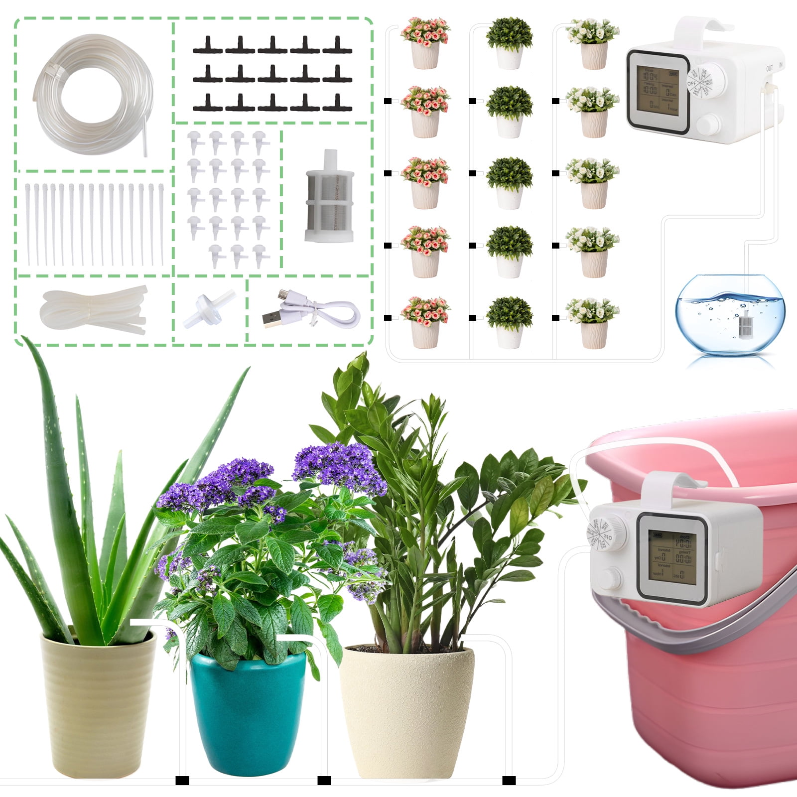 XZKING Automatic Plant Watering Device Rechargeable Drip Irrigation Watering System Kit DIY, 15 Potted Plants, Watering Timer for Vacation While Away