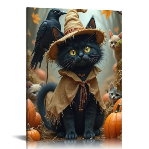 Vintage Halloween Black Cat and Pumpkin Canvas Wall Art Painting,Gothic Print Pictures for Home Wall Decor Horror Creepy Dark Posters for Living Room Home Halloween Party Decor Framed