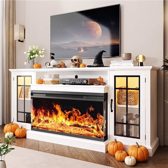 Easoger 36 Inch Fireplace TV Stand for TVs up to 80", LED Light Entertainment Center with 3-Sided Glass Fireplace, TV Console, White