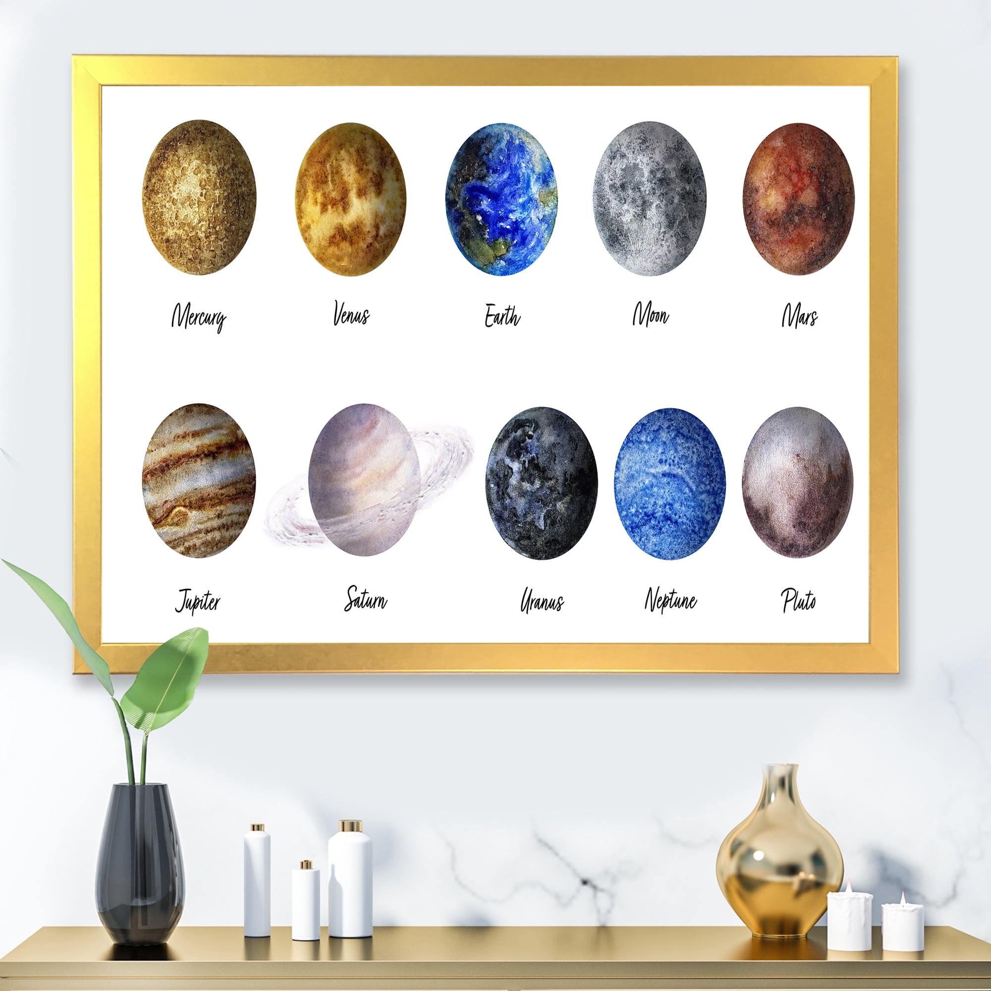 Designart 'All Planets United On White' Modern Framed Art Print