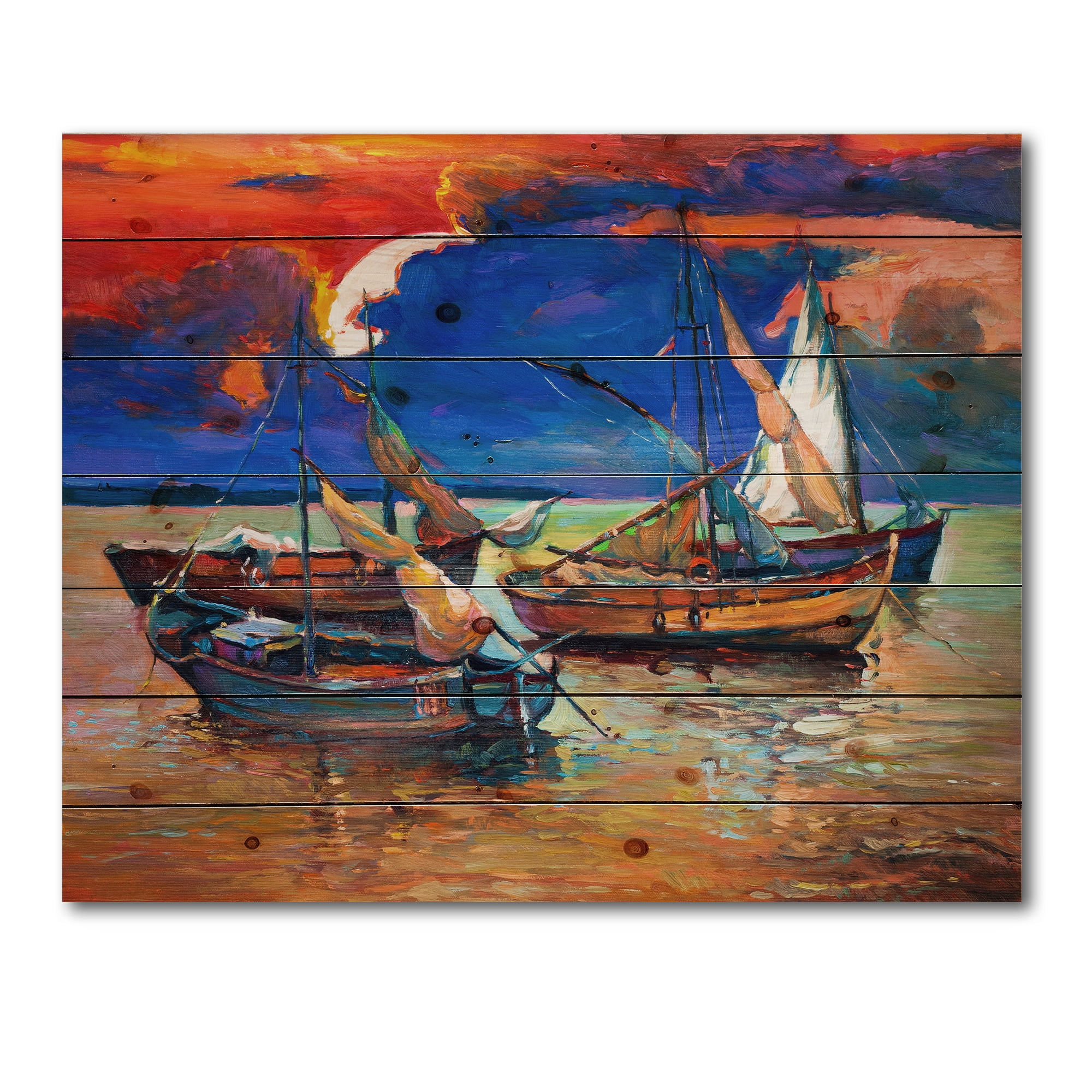 Designart 'Boats On The Water With Dark Blue Sky I' Lake House Print on Natural Pine Wood