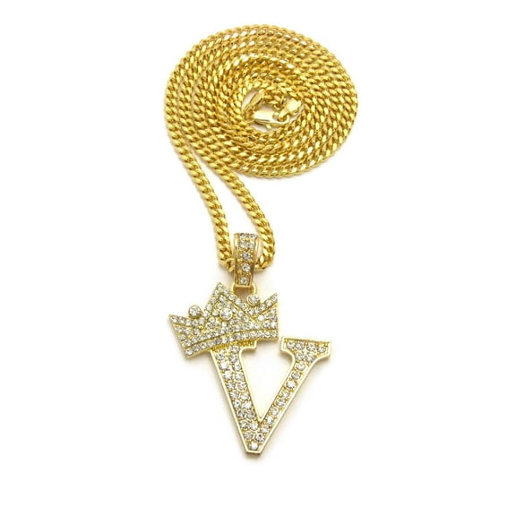Stone Filled Initial Letter V Pendant 3mm 24" Cuban Chain Hip Hop Fashion Necklace