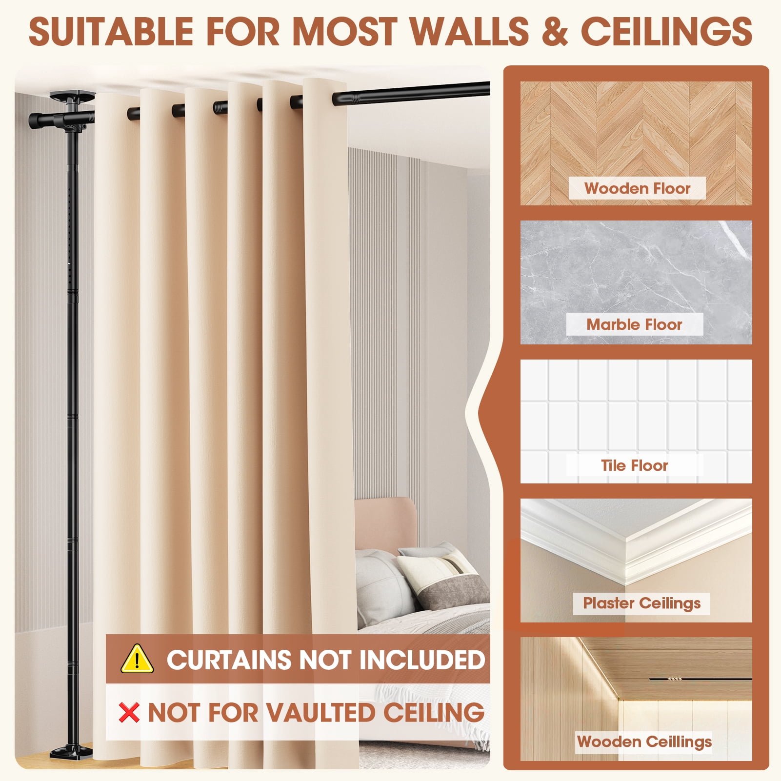 SUNALLY Room Dividers Curtain Rod No Drilling, 4-10ft(H) 28-114inch(W) Adjustable Room Separator for Space Partition, Heavy Duty Floor to Ceiling Tension Rod, Black