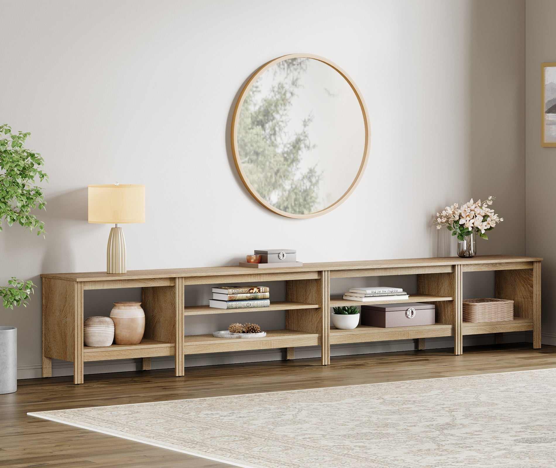 Fitueyes 118" Mid-Century Modern TV Stand for 85-100" TVs, Home Entertainment Center with Open Shelves for Living Room, Oak