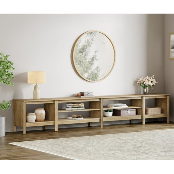 Fitueyes 118" Wood TV Stand for 85-100" TVs, Media Console Table with Open Shelves for Living Room Bedroom, Oak