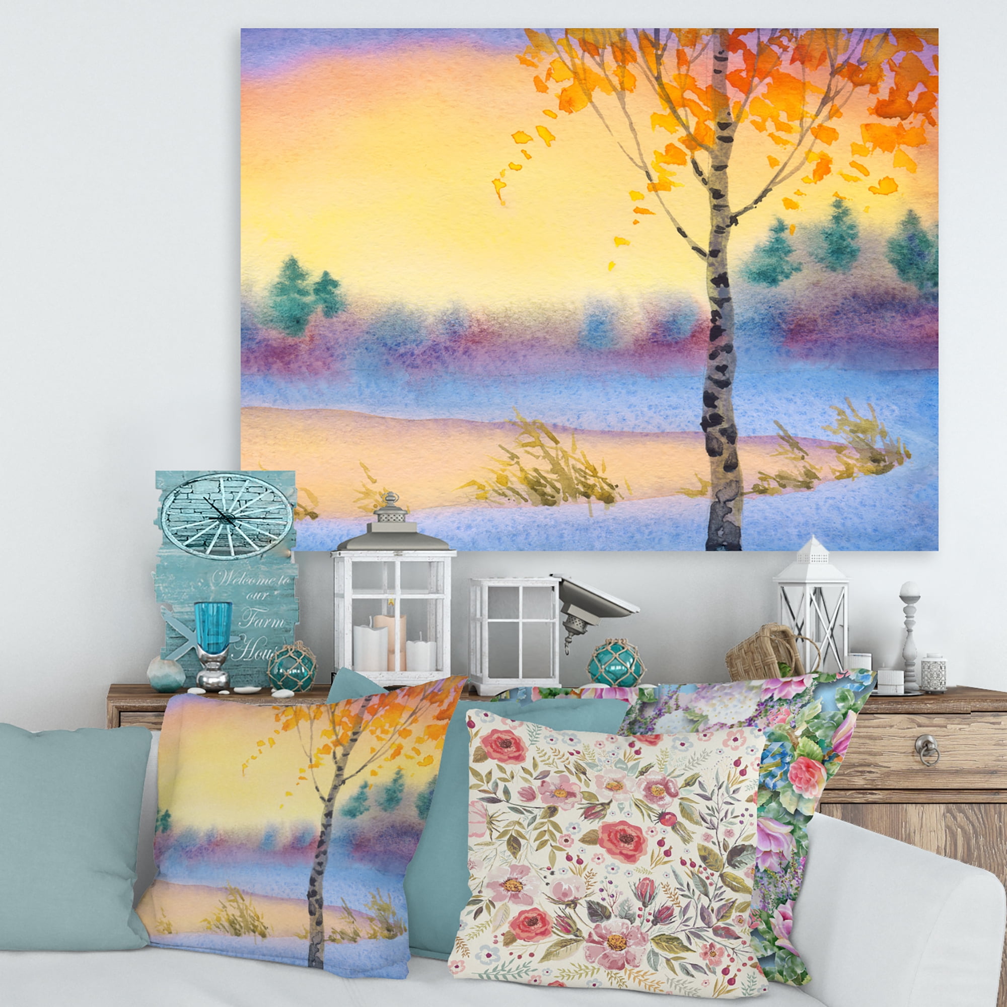 Designart ' Evening Sky Over Lake Winter Landscape ' Traditional Canvas Wall Art Print