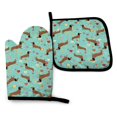 thumbnail image 1 of Juego De 2 Manoplas Para Horno Y Ollas, Diseño De Perro Salchicha Sobre Fondo Floral Turquesa, Forro De Algodón, Guantes Impermeables Para Barbacoa, 1 of 5
