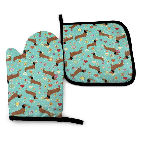 Juego De 2 Manoplas Para Horno Y Ollas, Diseño De Perro Salchicha Sobre Fondo Floral Turquesa, Forro De Algodón, Guantes Impermeables Para Barbacoa