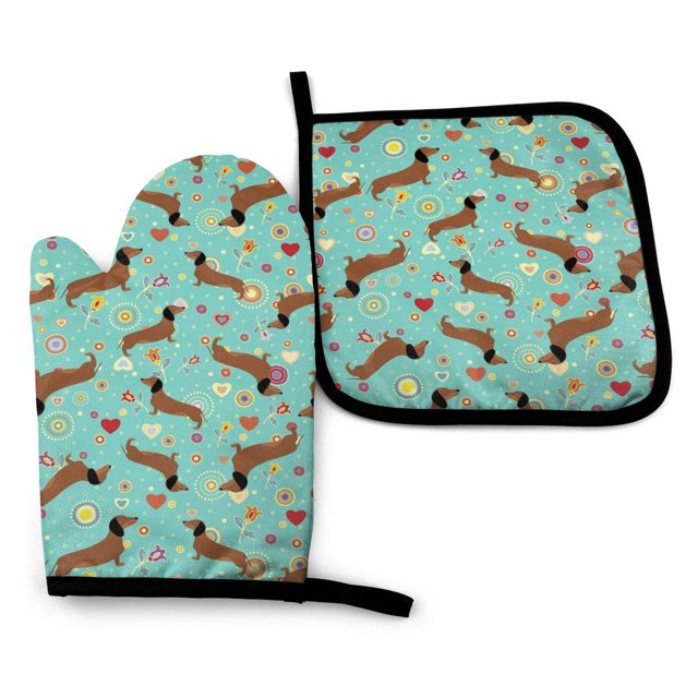 Juego De 2 Manoplas Para Horno Y Ollas, Diseño De Perro Salchicha Sobre Fondo Floral Turquesa, Forro De Algodón, Guantes Impermeables Para Barbacoa