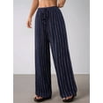 thumbnail image 5 of Women's Striped High Waist Drawstring Wide Leg Loose Casual Trousers with Pockets Navy Blue L, 5 of 9