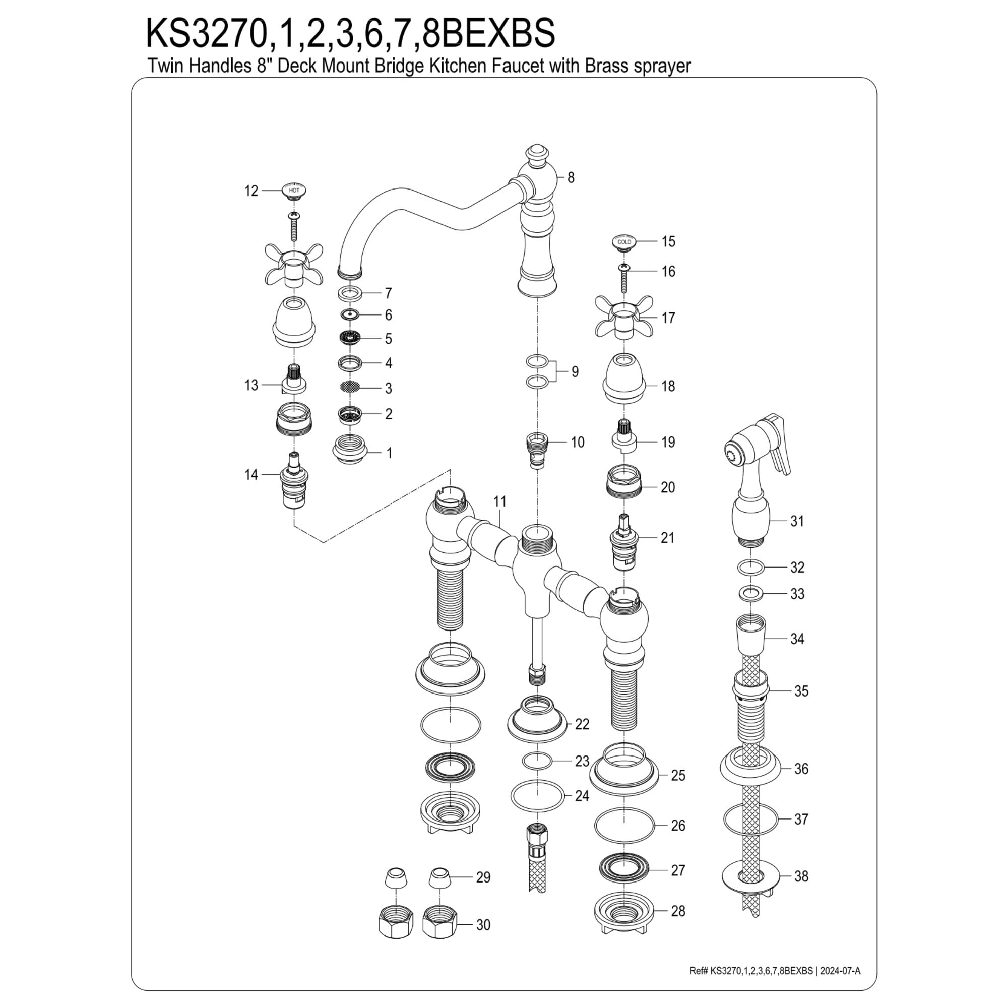 Kingston Brass KS3272BEXBS Essex Two-Handle 4-Hole Deck Mount Bridge Kitchen Faucet with Brass Side Sprayer in Polished Brass