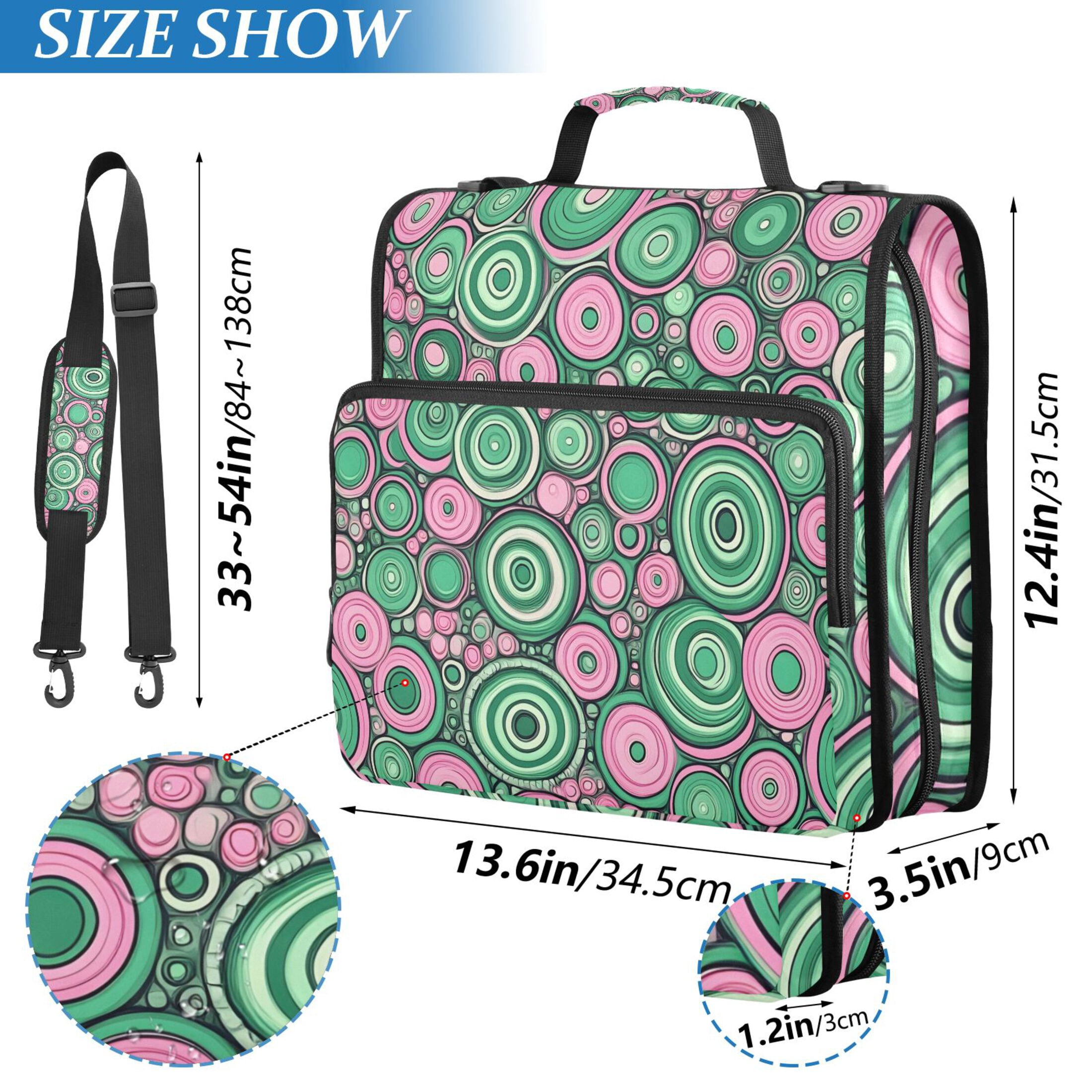 3 Ring Zipper Binder with Shoulder Strap Waterproof Trapper Keeper 2 Inch D-Ring 500 Sheets Capacity Abstract Pink Green Circles