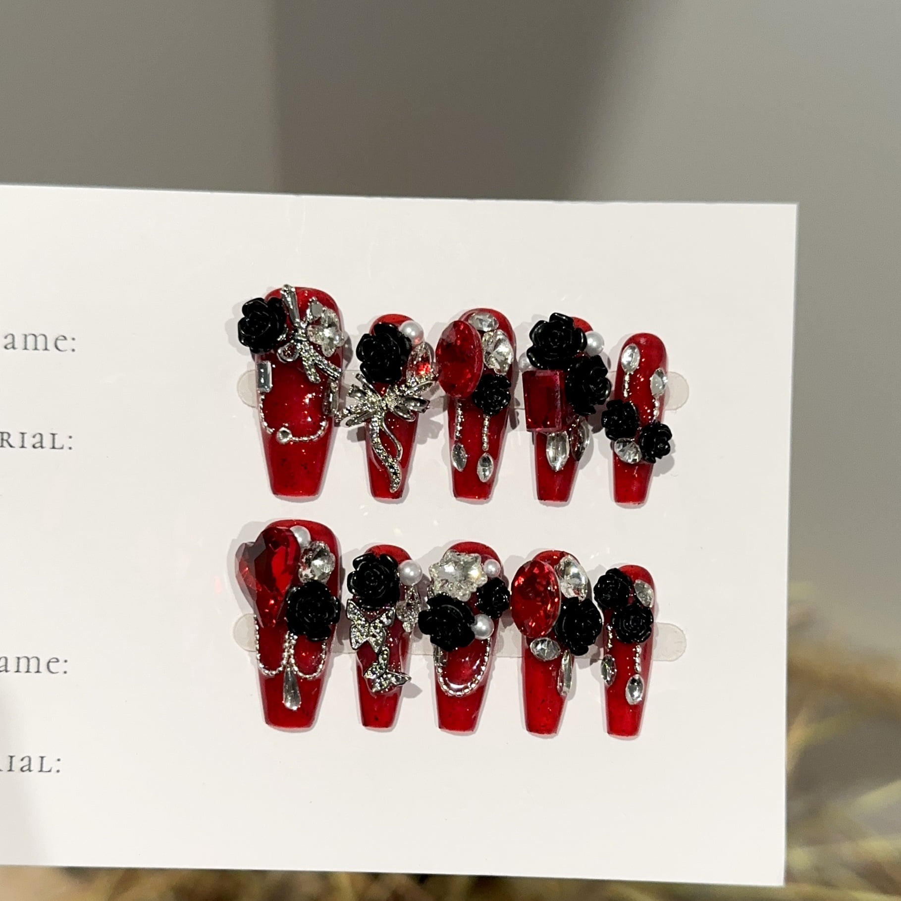 Purely handmade wearing nail advanced sense autumn and winter burgundy long nail art piece camellia red diamond fake nail patch