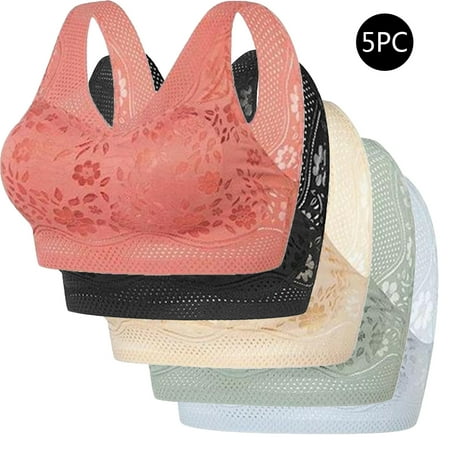 REORIAFEE Comfortable Bras for Women 5 Pack Gathered Together No Wire Bras Solid Brassiere Comfy Wide Strap Breathable Corset Underwear Comfortable Classic Support Lingerie Orange XXXL