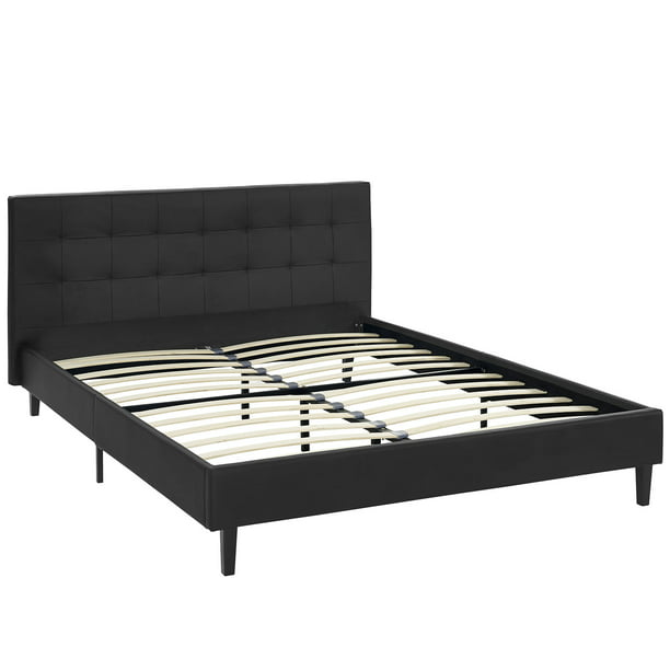 Platform Bed Frame Black, Wood And Leather Queen Bed Frame