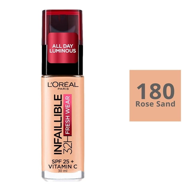 base de maquillaje l'oréal infallible 32h fresh wear 180 rose sand 30 ml frasco frontal de vidrio con dispensador y tapa roja; etiqueta: INFAILLIBLE 32H FRESH WEAR, SPF 25 + VITAMINA C, 30 ml; recuadro a la derecha muestra el tono 180 Rose Sand, diseñado para larga duración y acabado natural, también apto como opción para kit de maquillaje.