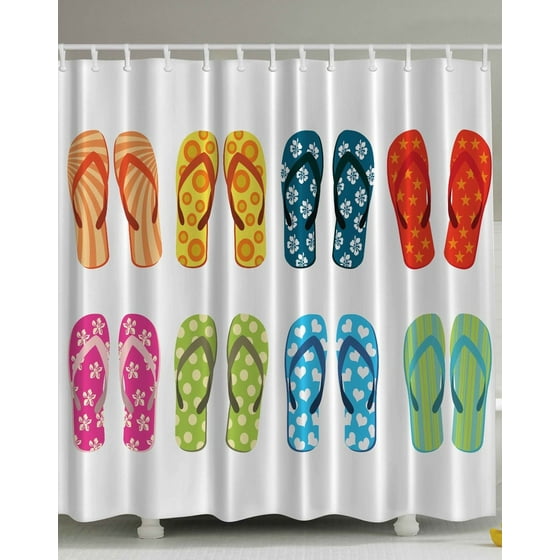 Colorful Sea Flip Flops With Flowers And Stars Shower Curtain Extra Colorful Sea Flip Flops With Flowers And Stars Shower Curtain Extra Long 84 Inch