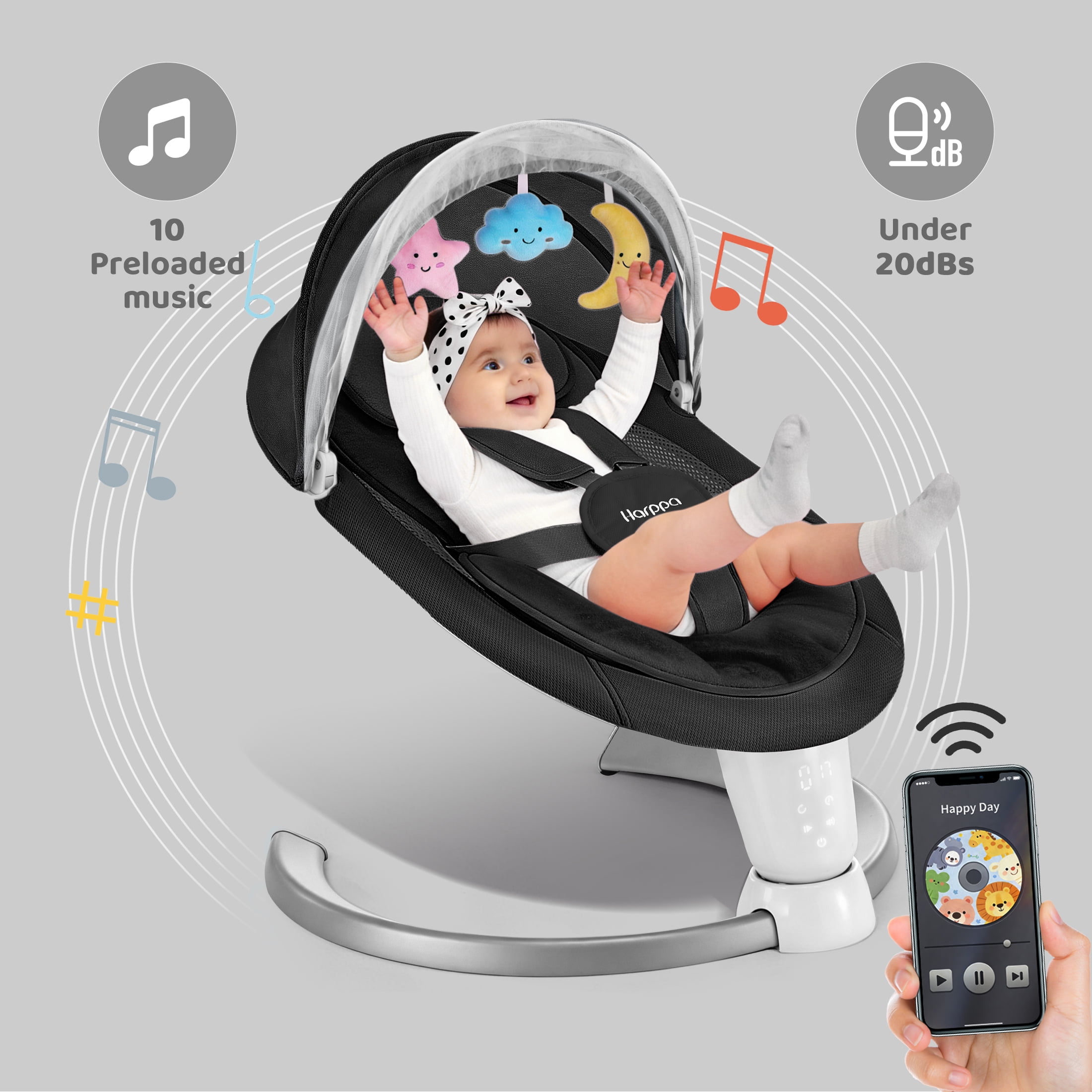 HARPPA Electric Baby Swing, Infant Swing with Remote Control, 5 Sway Speeds, Black