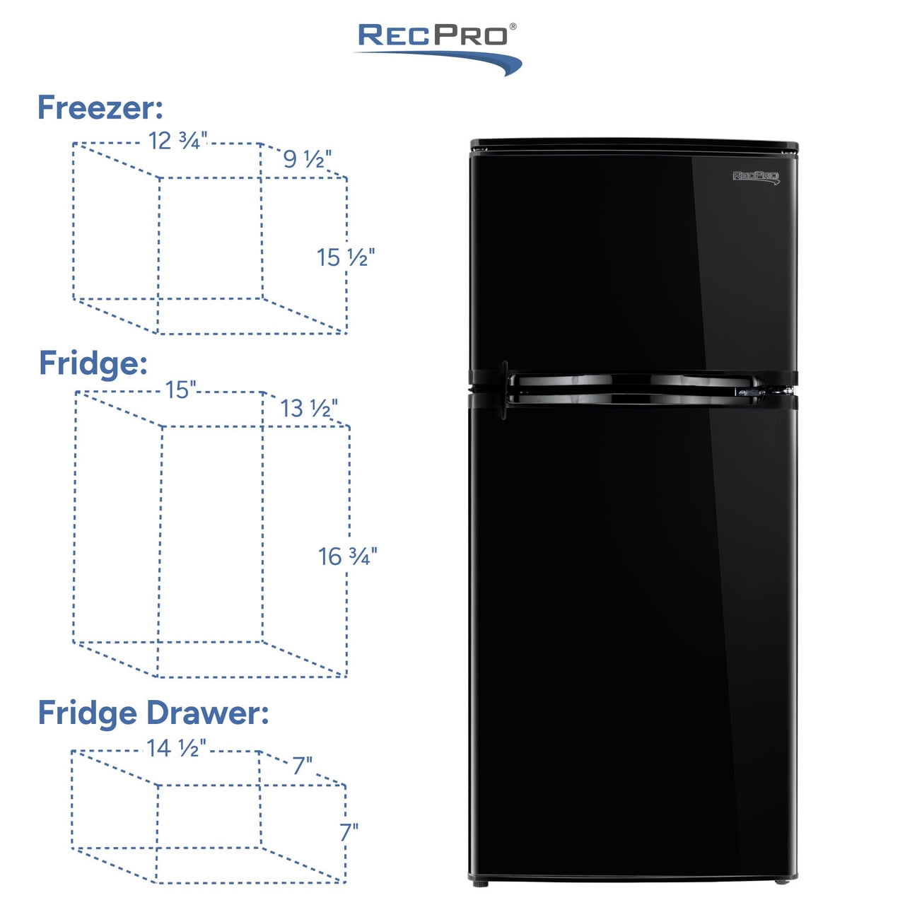 RecPro 4.4 Cu Ft 12V RV Refrigerator with Freezer | Frost-Free, Black Finish | Adjustable Shelves, Reversible Door, Built-In Lock | Off-Grid Camper Fridge | 19.5”W x 23.5”D x 43.5”H