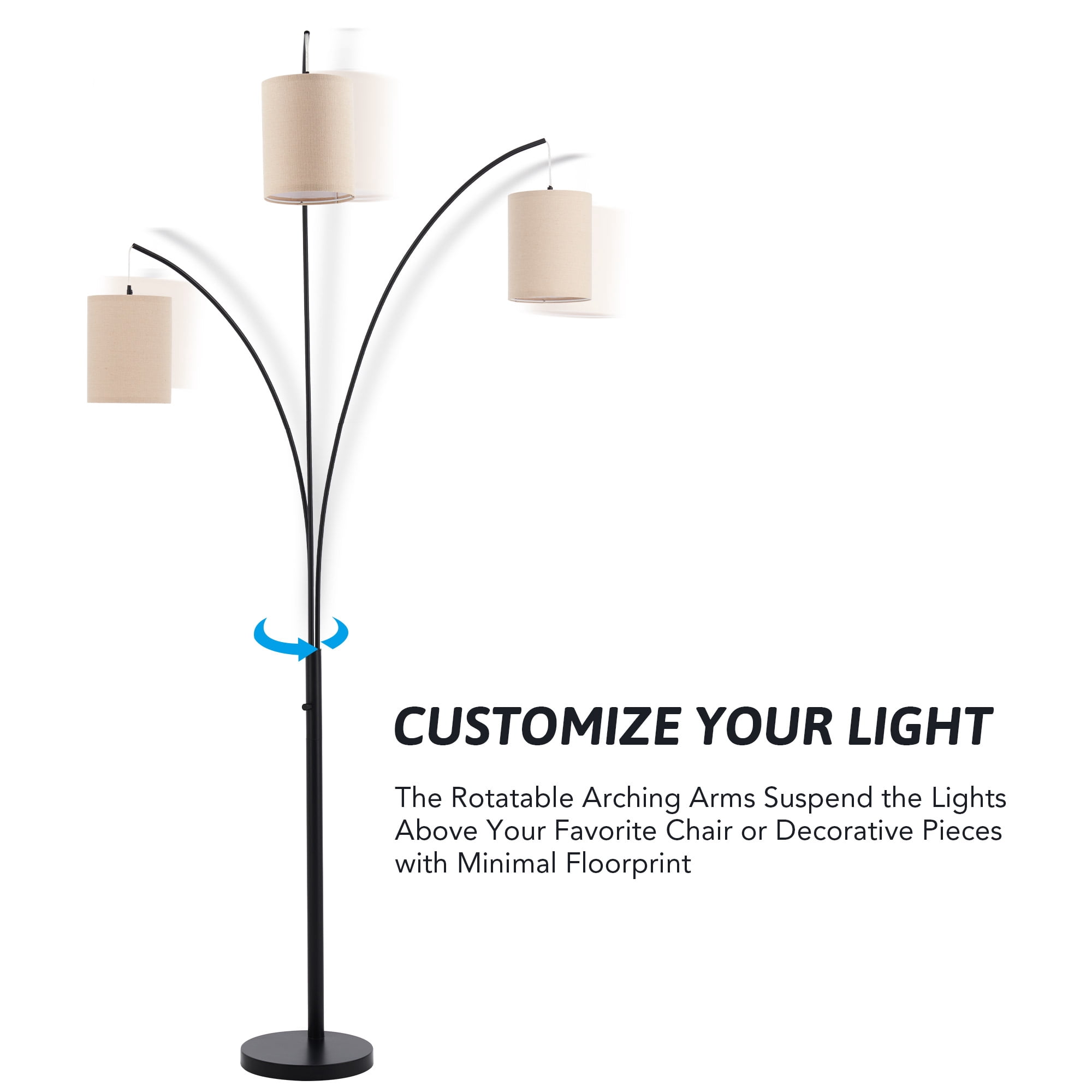 7ft Modern Arched Tree Lamp w Hanging Drum Shades Long Cord Weighted Metal Base