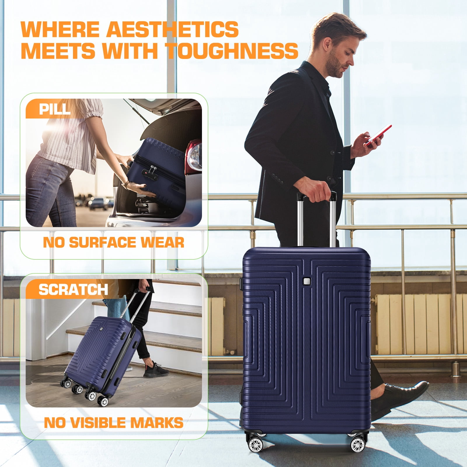 HOTEEL 20/24/28in Luggage Sets 5 Piece, PC Hardshell Suitcase with Spinner Wheels TSA Lock, Lightweight Travel Carry on Luggages with Luggage Bag&Toiletry Bag for Women and Men, Blue