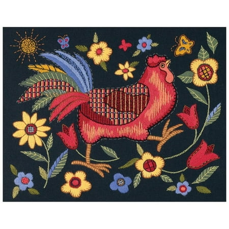- Dimensions Crewel Embroidery Kit Rooster On Black Printed Cotton 1543