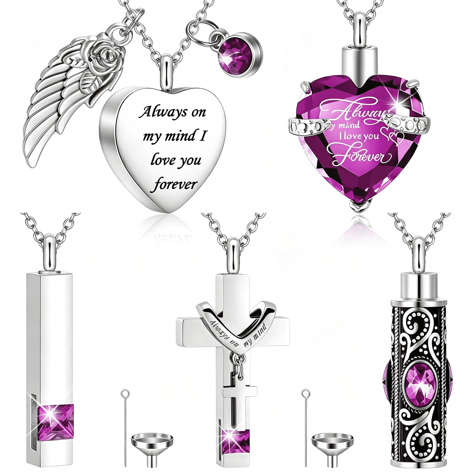 DESIGNICE 5 Pcs Urn Necklace for Ashes Cremation Jewelry Necklace Set for Ashes Memorial Keepsake Heart Cross Cubic Stainless Steel Urn Jewelry for Loved One Or Pet Women Men,5 Styles