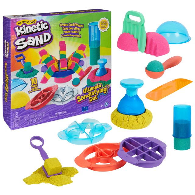 Kinetic Sand Juego Super Sandisfying, 907 g de Arena para Jugar de Color Rosa, Amarillo y Azul Verdoso, 10 moldes y Herramientas, Juguetes sensoriales para niños a Partir de 7 a Kinetic Sand NA