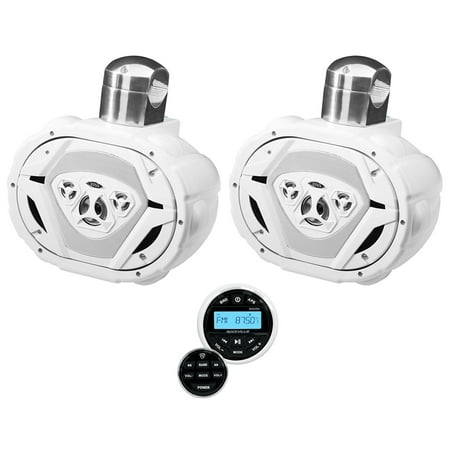 (2) Boss MRWT69W 6x9" 500w 4-Way Marine Wakeboard Speakers+Bluetooth Receiver