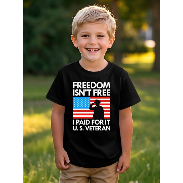Boys' Patriotic Freedom T-Shirt - "Freedom Is Paid for by U.S. Veterans" Print, Casual & Sporty Short Sleeve Tee for Spring/Summer, White with American Flag Design, Boy T Shirts