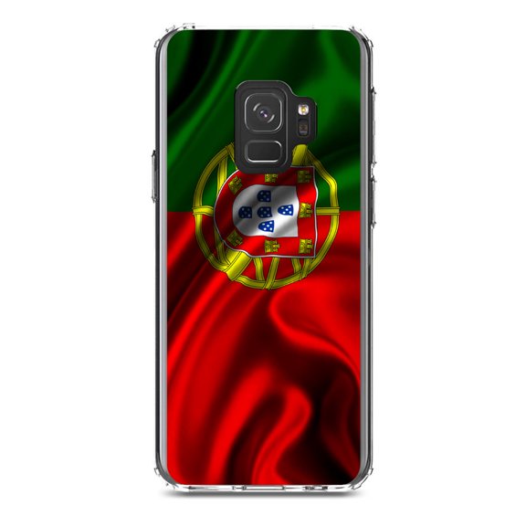 DistinctInk Clear Shockproof Hybrid Case for Samsung Galaxy S9 (5.8" Screen) - TPU Bumper, Acrylic Back, Tempered Glass Screen Protector - Portugal Waving Flag