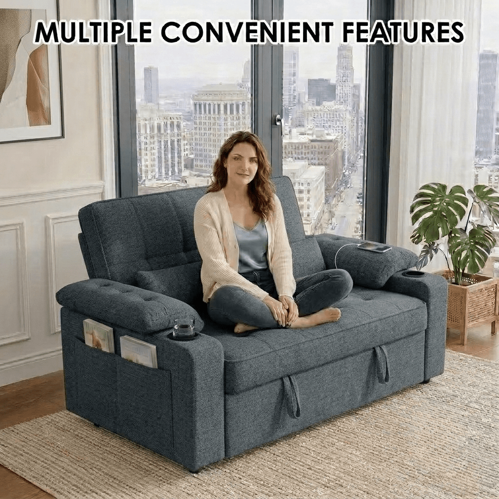 58" Convertible Sofa Bed Pull Out Couch Sleeper Loveseat with Teddy Fabric USB Charging Ports Adjustable Backrest Cup Holders and Side Pocket for Living Room Apartment Small Spaces,Dark Grey