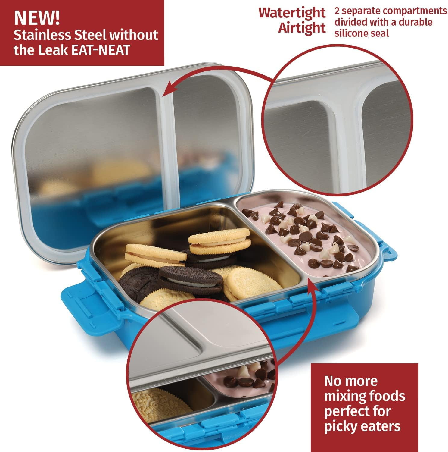 SIGNORA WARE Stainless Steel Bento Box 24 oz Leakproof 2 Compartments Lunch Box – Blue