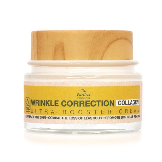 crema hidratante Purifect Corrector de Arrugas Colágeno 50 ml frasco frontal con tapa tipo madera, tarro de vidrio y etiqueta amarilla 'Wrinkle Correction Collagen', textura cremosa visible en el interior; crema de día y de noche para rostro y cuello según ficha del producto, ayuda a mejorar elasticidad y retener hidratación; formato compacto adecuado para llevar en bolso durante viajes.