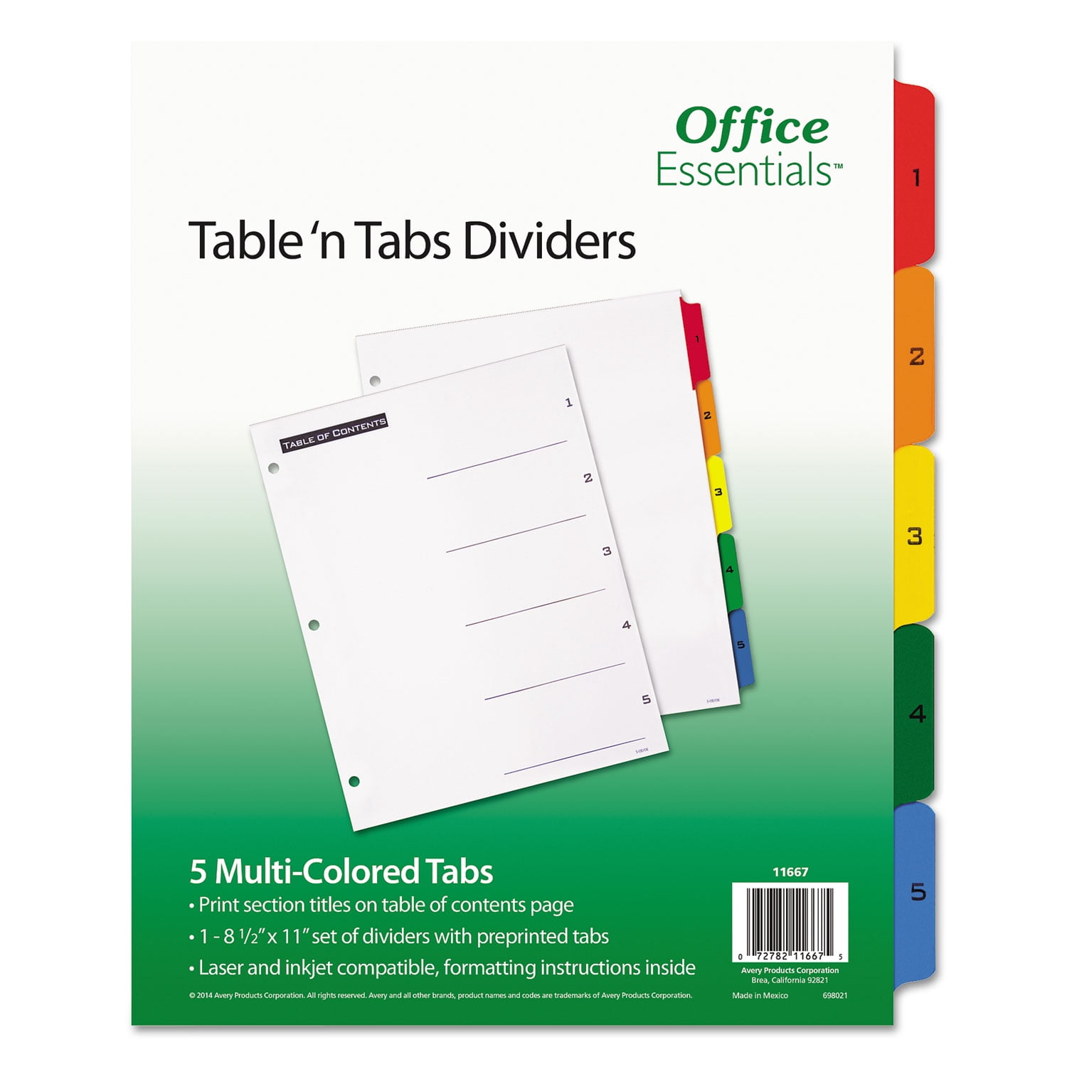 Office Essentials Table 'n Tabs Dividers, 8-1/2' x 11', 1-5 Tab, Multicolor Tab, White Body, Laser/Inkjet, 1 Set/ST