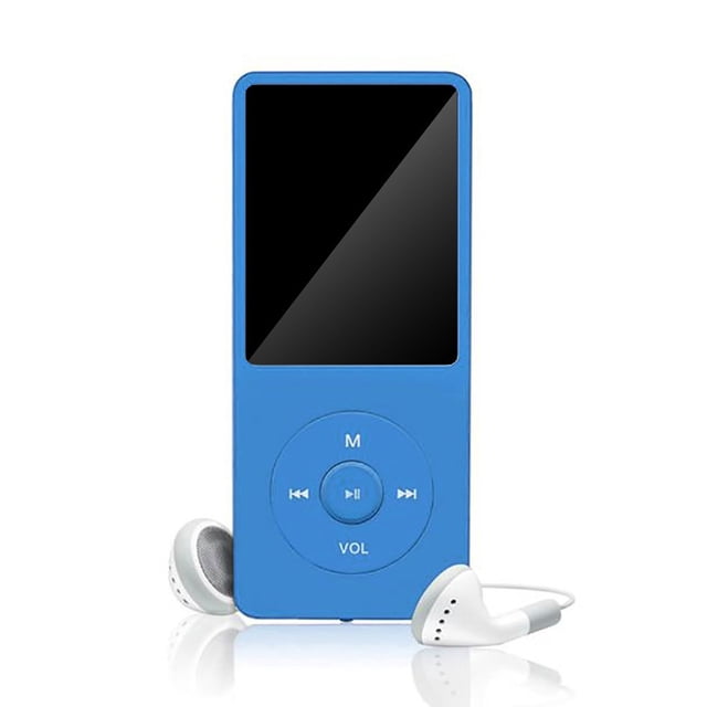 MP3/MP4 Player 64 GB Music Player with a 1.8-inch screen in blue, featuring touch buttons and a backlit display. Includes built-in loudspeaker, FM radio, voice recorder, and support for MP3, WMA, APE, WAV, and FLAC audio formats. Comes with a pair of white earbuds, a USB data cable, and a user manual.