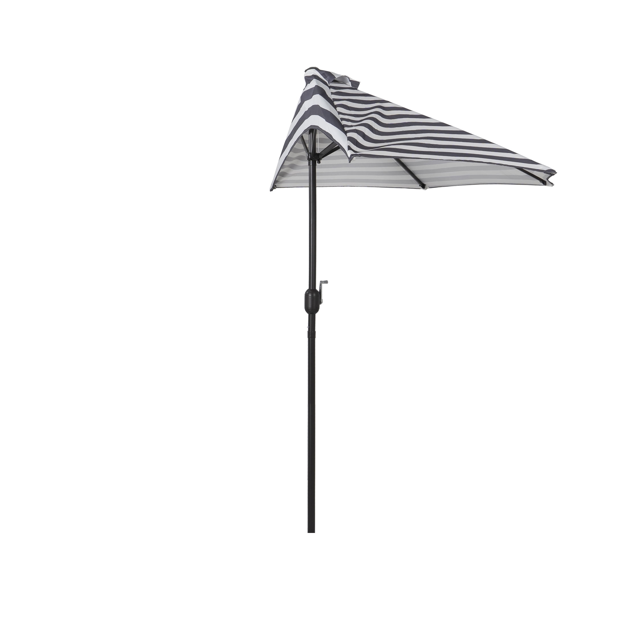 BAYSHORE 9 Ft Half Umbrella with Resin Concrete Base Included for Oudoor Patio, Gray/White Stripe