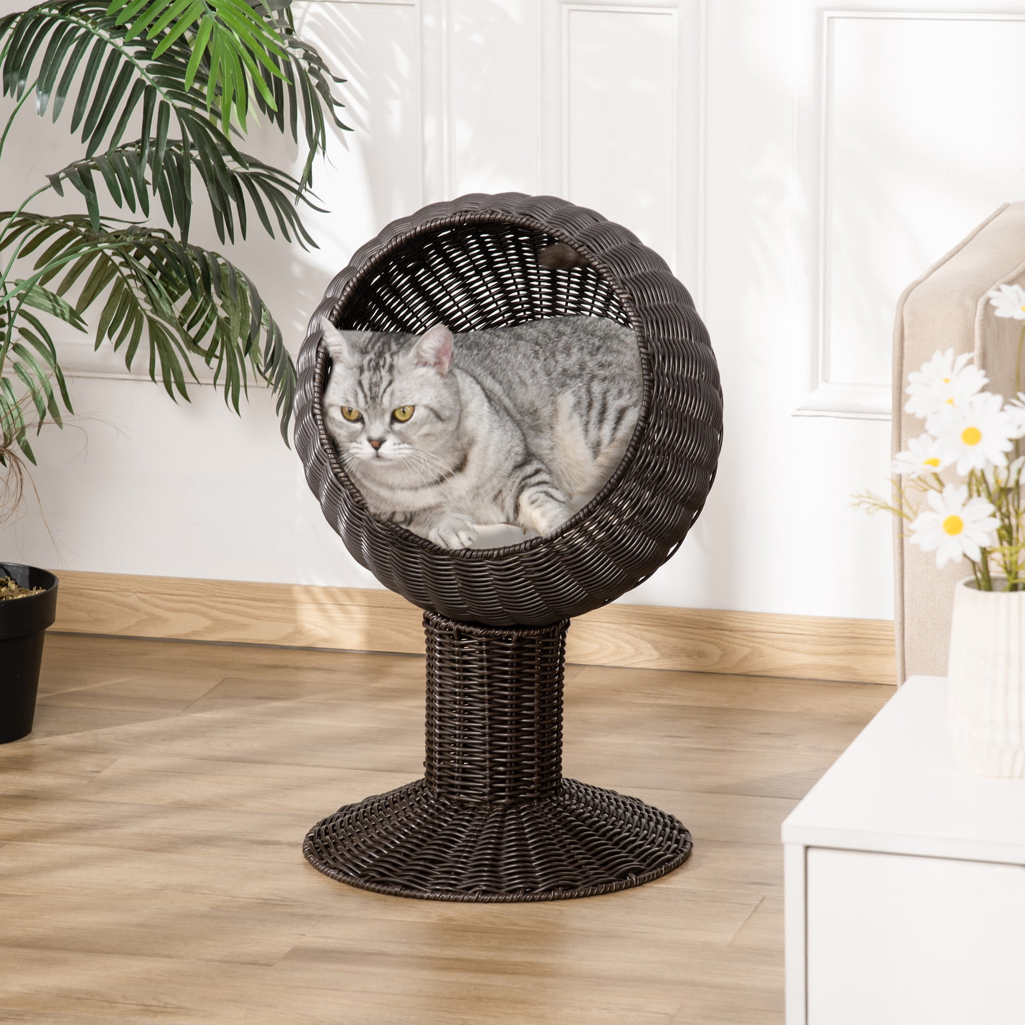 PawHut 27" Hooded Elevated Cat Bed Rattan Kitten Condo Round with Cushion, Coffee
