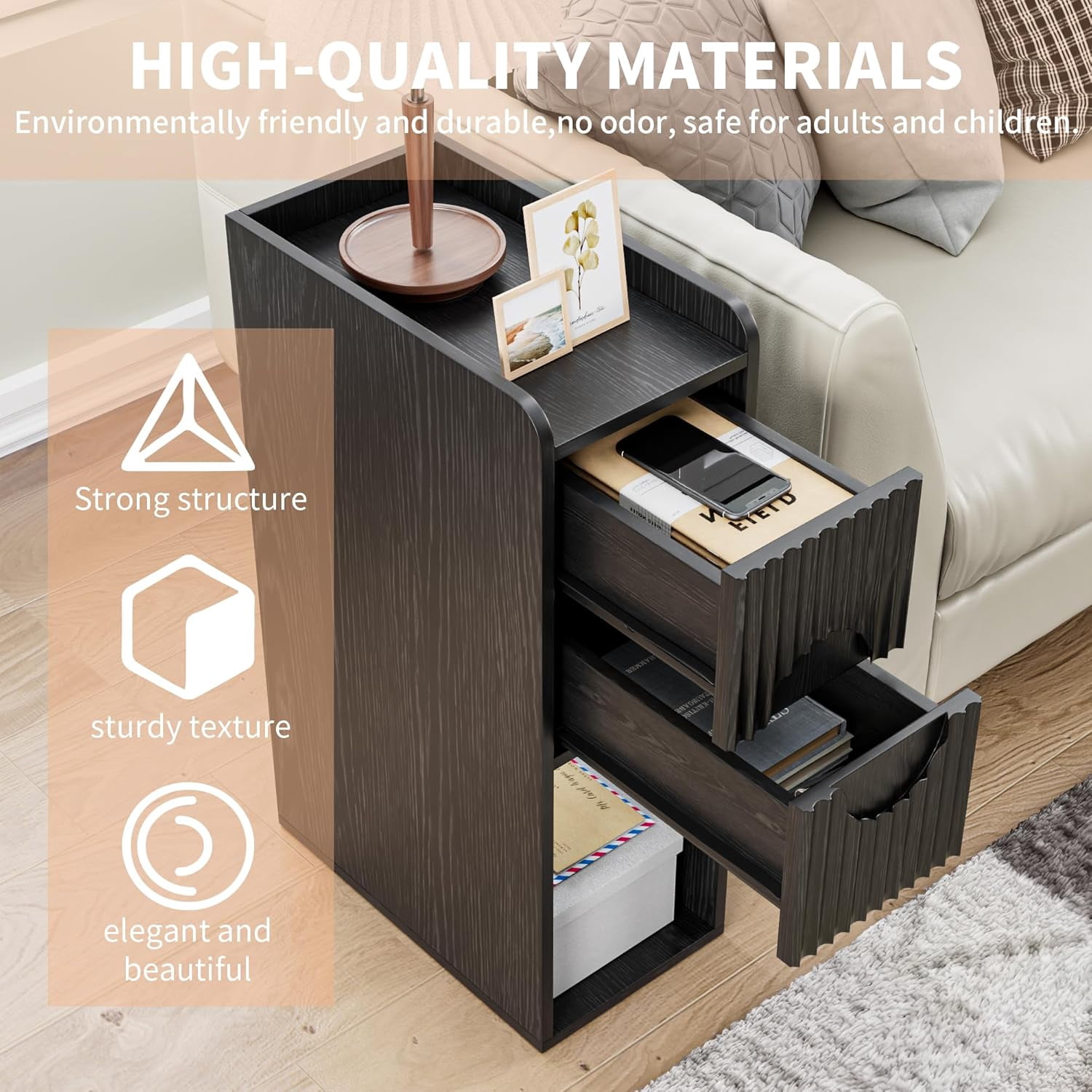 End Tables Set of 2, Small Side Table, Slim Side Table, Wood 2 Drawer Narrow Nightstand