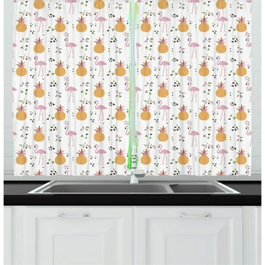 Ambesonne Flamingo Kitchen Curtains, Tropical Animal Pineapples, 55"x39", Pale Orange Pale Pink