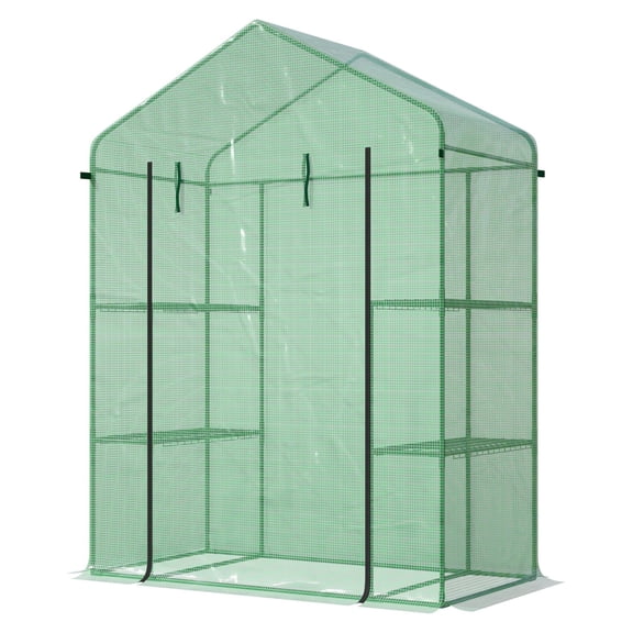 56" Walk-in Greenhouse, Garden Hot House with Shelves, Roll-Up Door, PE Cover, Green - Portable Plant Protector