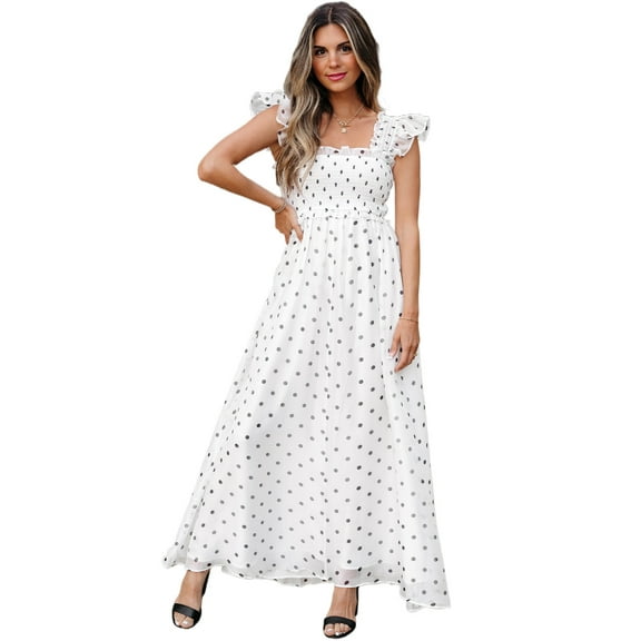 Women's White Polka Dot Flutter Sleeve Square Neck Smocked Maxi Dress | [ZhiHiMeRi] | (US 20-22)2XL