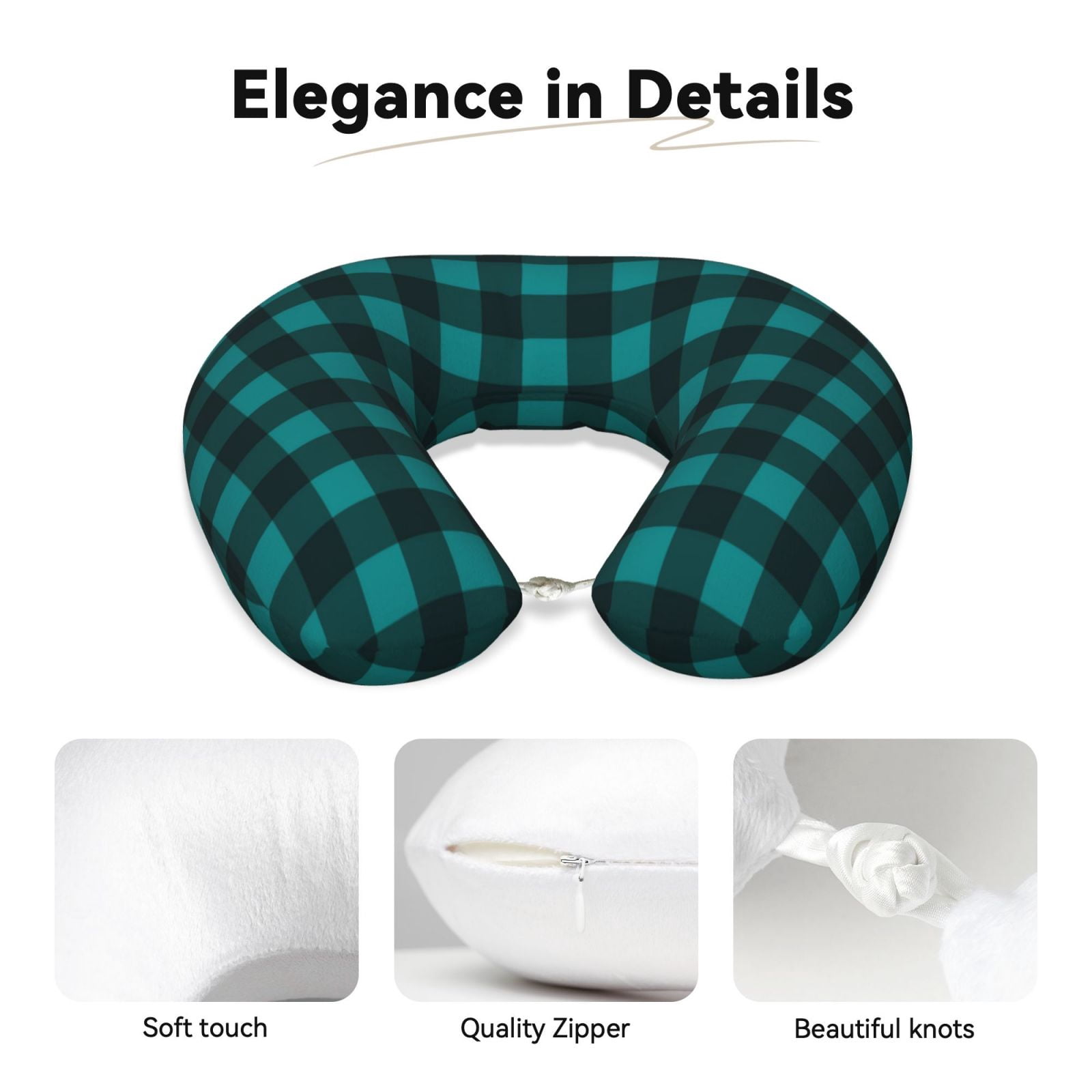 Xecao Teal On Black Plaid Print Memory Foam Cervical Neck Pillow Versatile U-Shaped Pillows for Home,Office,Camping,Travelling,Soft Washable Cover