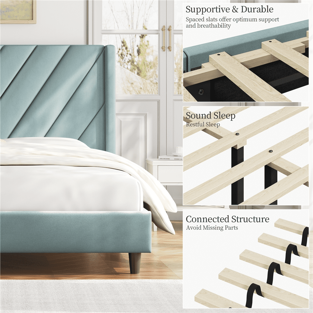 Fullfurnique Upholstered Platform Bed Frame with Tufted Headboard, Queen, Blue Lake
