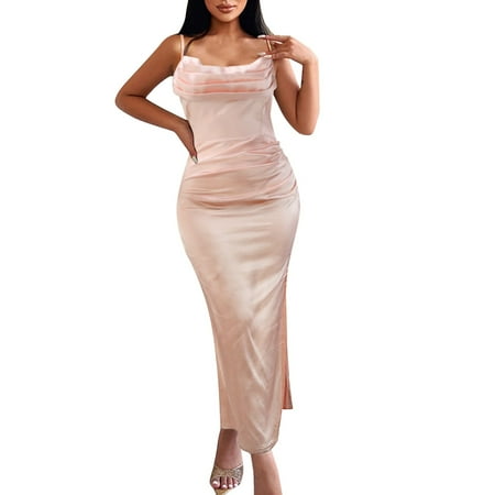 

CBGELRT Women s Satin Long Prom Dresses with Slit Halter Corset Evening Formal Occasion Dresses Elegant Sleeveless Off Shoulder Dress