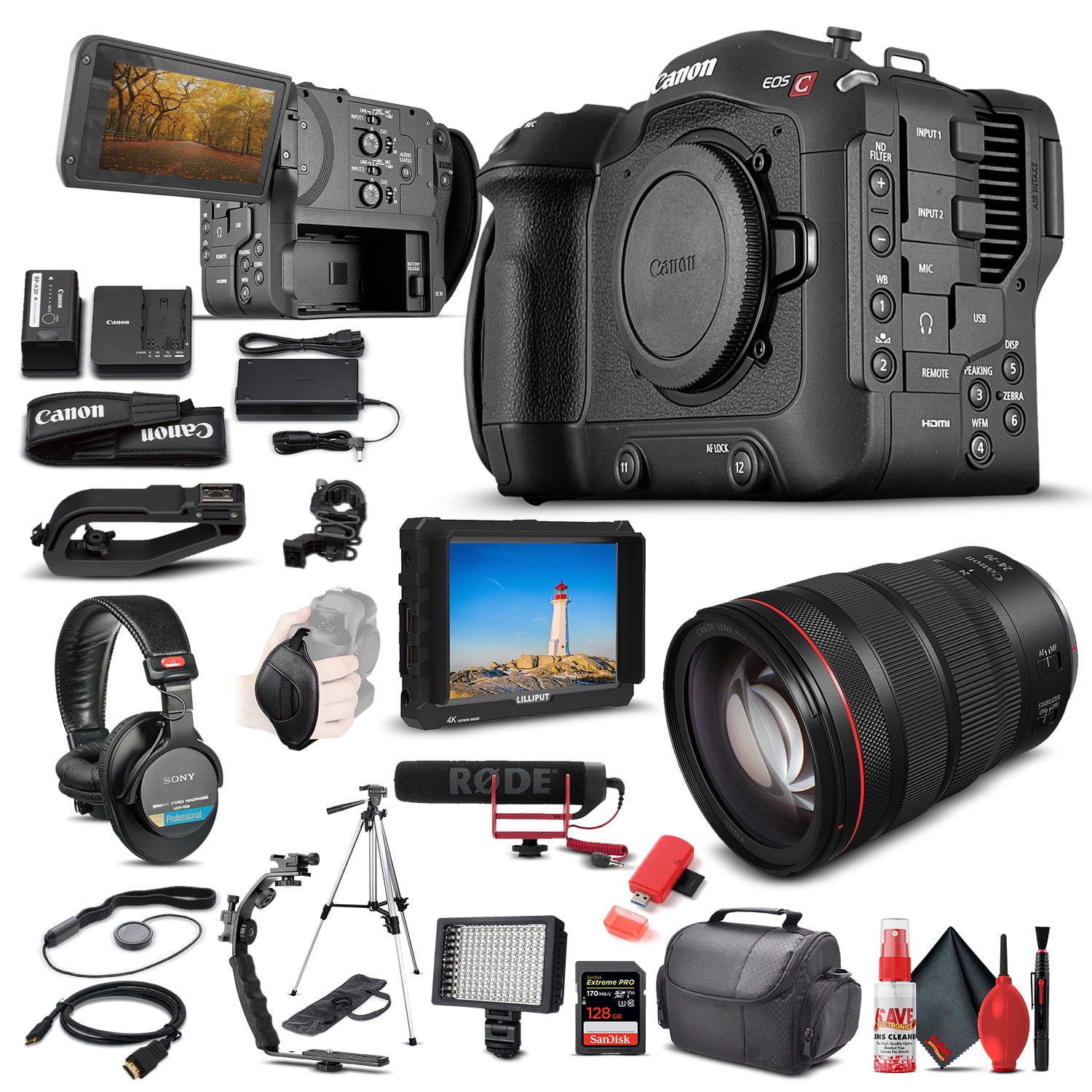 EOS C70 Cinema Camera (RF Lens Mount) (4507C002) + Canon RF Lens + HD Monitor + VideoMic GO Mic + Pro Headphones + 128GB Extreme Pro SD Card + Tripod +