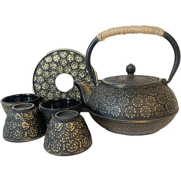 CUISILAND BLACK 1L/33 oz Enamel Coated Cast Iron Sakura Blossom Teapot Set with 4 Cups and Stand