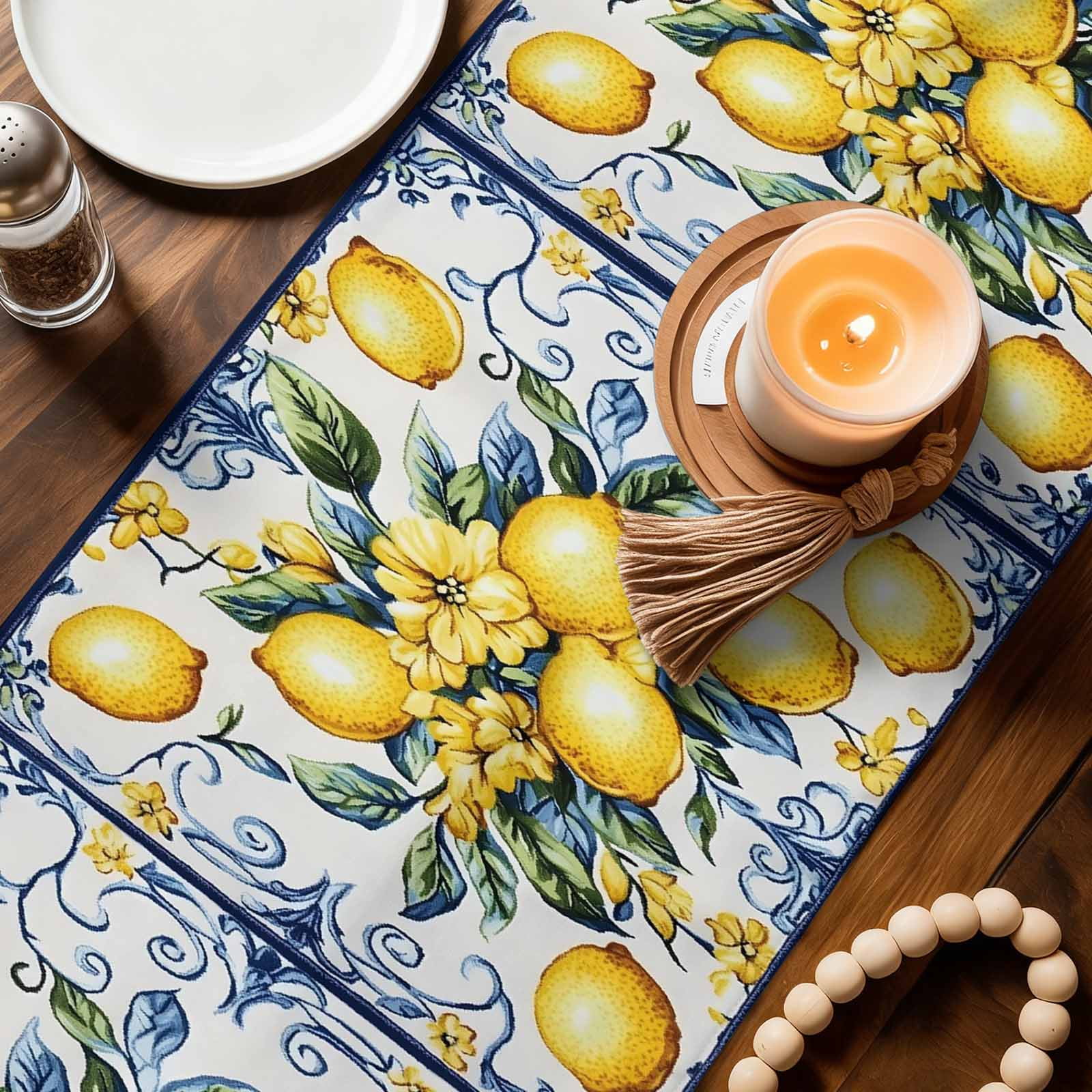 Yellow Lemon Table Runner Linen Burlap Table Runner 108 Inches Long Middle Century Blue Italian Textured Dresser Scarves for Kitchen Island Coffee Dining Room Party Holiday Decoration 13"x108"